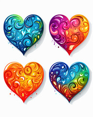Set of vibrant rainbow hearts with decorative swirls symbolizing love pride and unity on a white background