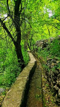 A drinking water stream flows along a dirt path, passing by lush orchards.
📍Kamalla (Kamaleh) village, Hawraman Takht 