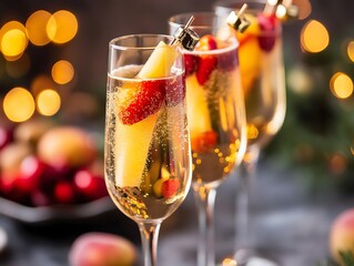 Elegant champagne flutes with fruit skewers for a festive celebration