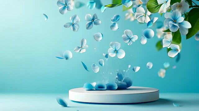 Soft blue flower spring background featuring white podium, cascading hydrangea blossoms elegantly framing minimalist product display surface Copy space for text video 4k