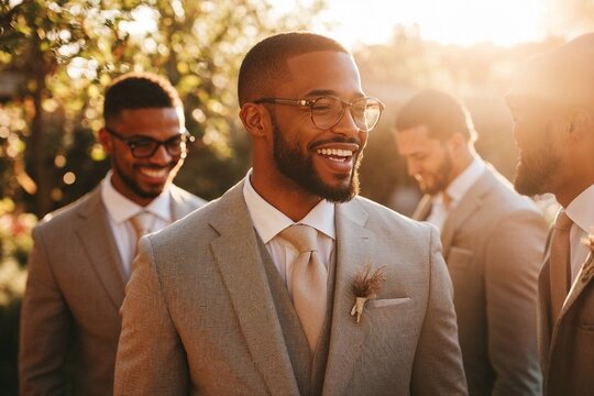 Candid Moment of a Groom and His Groomsmen Laughing Together While Adjusting Their Ties Before the Wedding - Powered by Adobe
