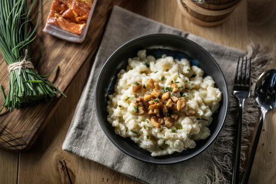 Halusky, Slovakian potato gnocchi with Brimsen cheese, bacon and chives