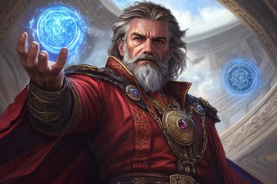 A wizard using a magical crystal orb to collect ancient knowledge and mystical data from floating enchanted scrolls