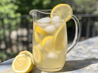 Fresh Lemonade Pitcher with Ice and Lemon Slices on Sunny Terrace
