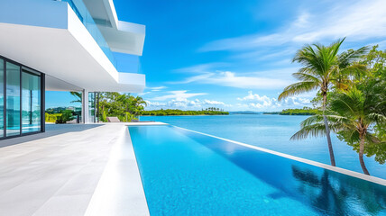 Fototapeta premium serene waterfront house with stunning pool and beautiful view