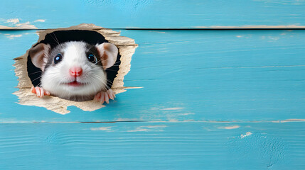 Adorable Small Pet Emerging Through a Colorful Blue Wall Hole