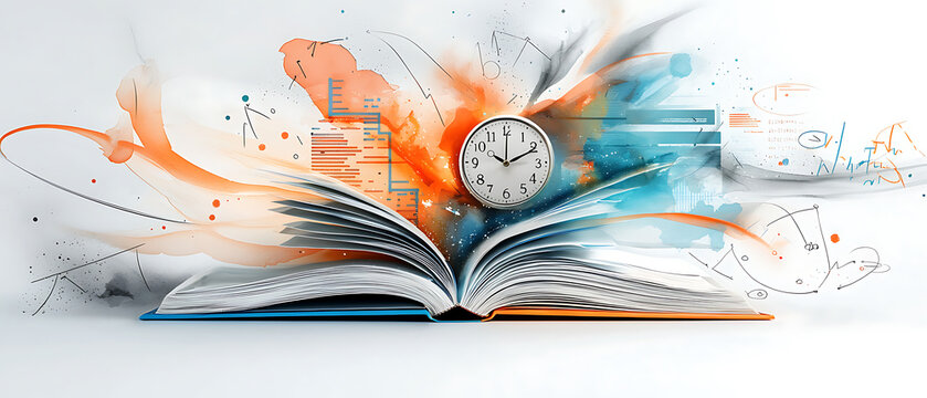 Creative book concept with clock digital elements in abstract art modern workspace artistic viewpoint time management illustration