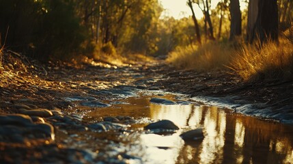 Tranquil Stream Flowing Through Sunlit Forest Path in Nature