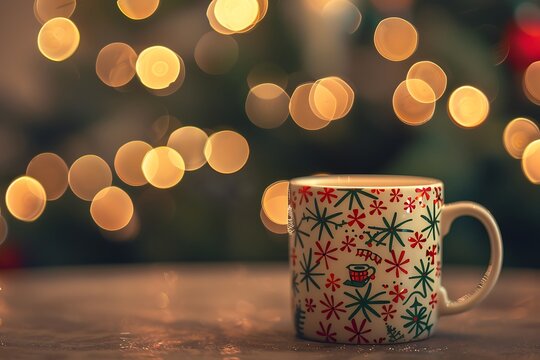 Coffee mug with christmas tree bokeh background.