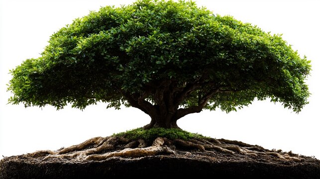 Large Green Tree with Dense Canopy and Exposed Roots Isolated on White Background