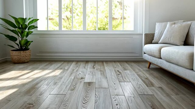 Close-up Bright sunlight casting delicate shadows across pristine white wooden parquet, laminate flooring, highlighting minimalist interior design's serene aesthetic video 4k