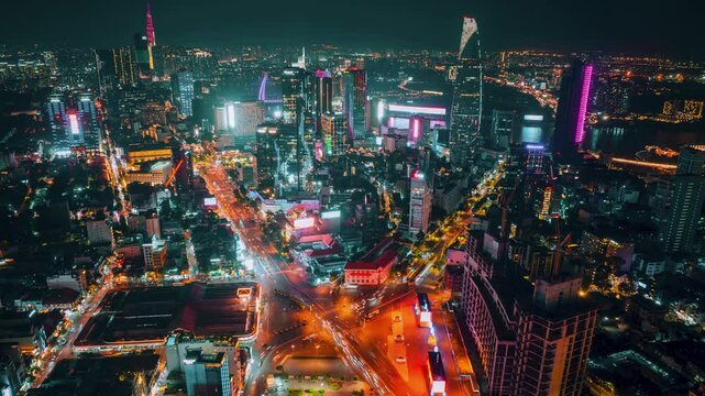 4K Aerial view of Ho Chi Minh City Panorama at night, Hyperlapse from Ben Thanh Market 
Capture the city's vibrant pulse as the day unfolds, observed from the vantage point of Ben Thanh market
