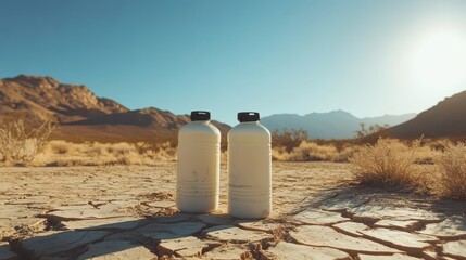 Naklejka premium Two Empty Water Bottles on Cracked Desert Ground Against Mountains