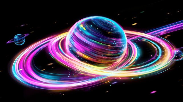 Abstract vibrant cosmic planet with swirling rings