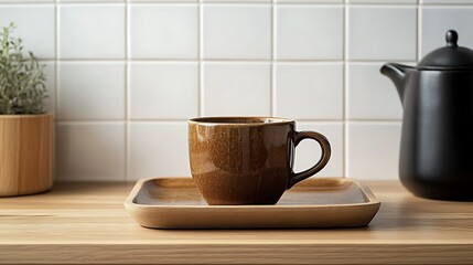 Brown mug on tray, kitchen counter, tile backsplash, morning coffee