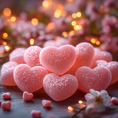 Obraz premium Pink heart shaped gummy candies creating romantic atmosphere for valentine's day
