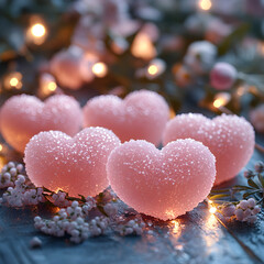 Fototapeta premium Pink heart shaped valentine's day candies glistening with dew drops