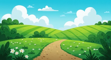 Fototapeta premium A vibrant flat illustration of a picturesque countryside with rolling green hills a winding dirt path and lush foliage