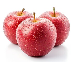 Three red apples, water droplets, white background, healthy food (1)