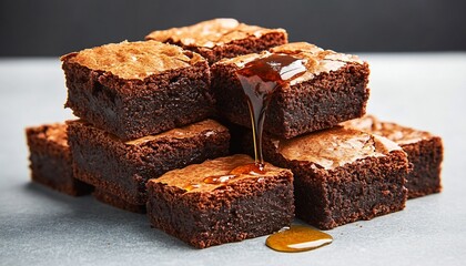 Stack Of Chocolate Brownies Drizzled With Caramel Sauce