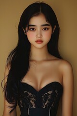 Fototapeta premium Portrait of a Young Woman with Long Black Hair Wearing a Black Lace Corset Top