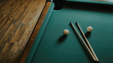 An attic apartment features a green felt pool table with white and black balls, cues laid out, and decorative lighting enhancing the space
