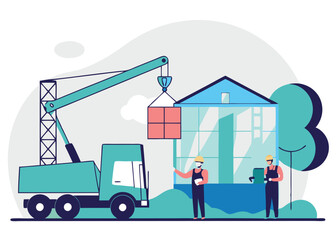 Labor Day. Construction Crane Lifting Materials, Workers site effort growth     