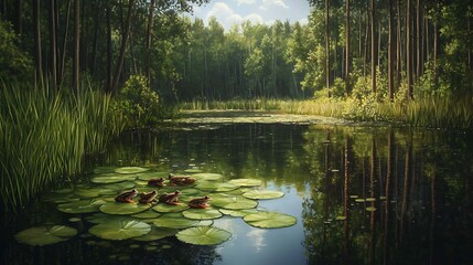 Frogs on lily pads, serene forest pond, summer sunlight, nature scene, perfect for tranquil backgrounds