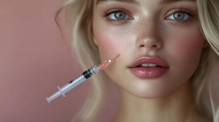 Beautician injecting hyaluronic acid into woman's face for lip augmentation