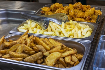 Take-out food in showcase window. Food for home.