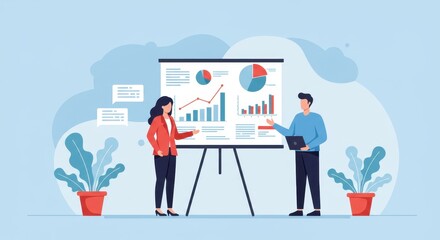 A professional flat illustration of a business presentation scene of a woman and a man stand near a large presentation board displaying bar graphs