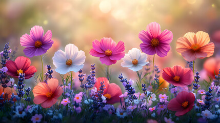 Dreamy floral meadow with cosmos and lavender in golden hour light
