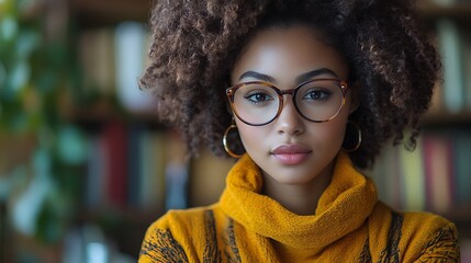 Portrait of a young woman with curly hair and glasses, wearing a cozy sweater in a library setting