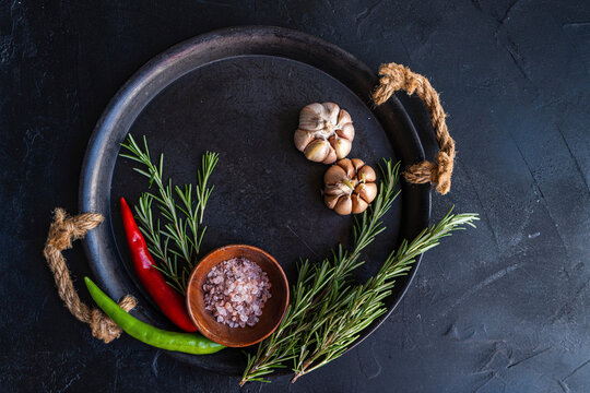 Spices and herbs on tray
