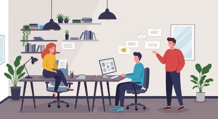 A flat illustration of a modern office space where three young professionals are engaged in a discussion