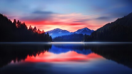 Fototapeta premium Misty Sunrise Over Mountain Lake Reflection