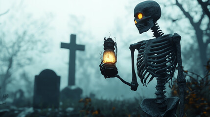 Naklejka premium A skeletal figure holding a glowing lantern, standing near a grave, surrounded by an eerie and haunting atmosphere with a misty white background