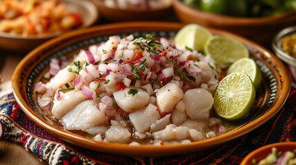 Fresh ceviche, lime, onion, cilantro, wooden table. Recipe, food blog