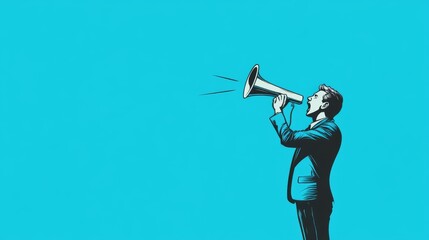 Man announces news via megaphone, blue background, marketing concept