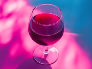 Red Wine in Glass with Pink and Blue Abstract Background, Colorful Drink