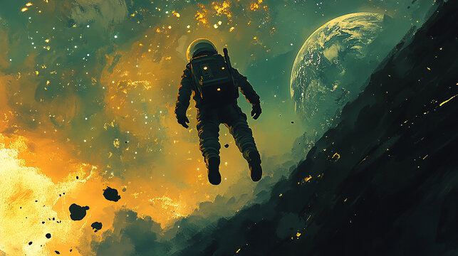 A man in a spacesuit is floating in space. The image is a work of art, with a bright and colorful background. The man is in a state of weightlessness, as if he is floating through space