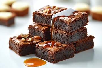 Stacked Chocolate Brownies Drizzled with Maple Syrup and Almonds
