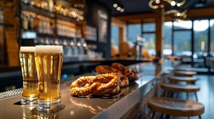 Fototapeta premium Glasses of beer on a bar counter in a pub or restaurant