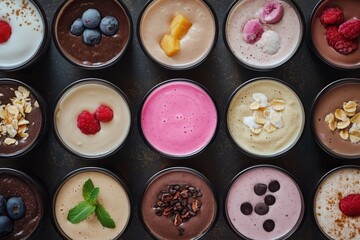 Assortment of various healthy smoothies, top down flat lay high angle shot.
