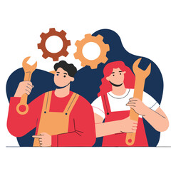 Happy Labor Day. Factory Workers with Gears and Wrenches Power Unity Vector Design