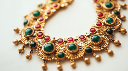 Obraz premium Elegant Antique Gold Necklace Adorned with Green and Red Gemstones