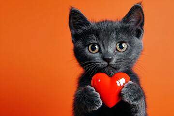 Digital ads creative art. Cute bombay baby cat cub with diamond red heart - sign of love, funny greeting card. Bombay - my beloved cat. Romantic kitten valentine. Kitten valentine theme.