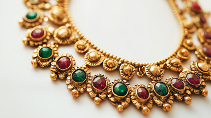 Obraz premium Elegant Antique Gold Necklace Adorned with Green and Red Gemstones