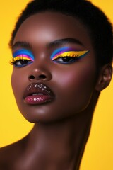 A beauty portrait featuring a model with dramatic eyeshadow in bold neon gradients, glossy lips, and artistic, colorful eyeliner designs. © Lady O