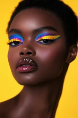 A beauty portrait featuring a model with dramatic eyeshadow in bold neon gradients, glossy lips, and artistic, colorful eyeliner designs. © Lady O